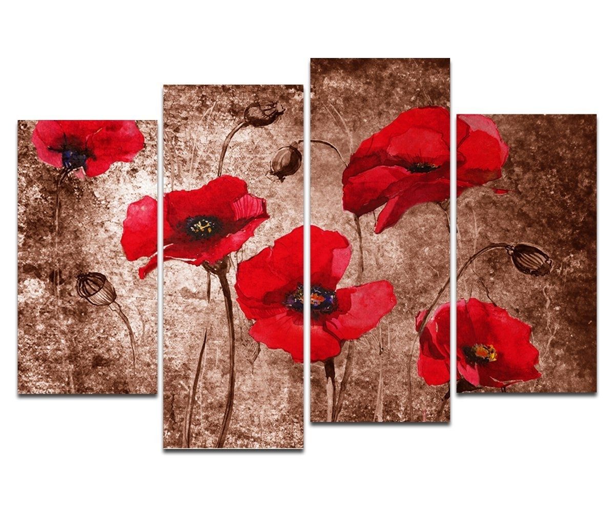Most Popular Amazon: Wieco Art – Red Poppies On Brown Large 4 Panels Modern With Red Poppy Canvas Wall Art (View 5 of 15)