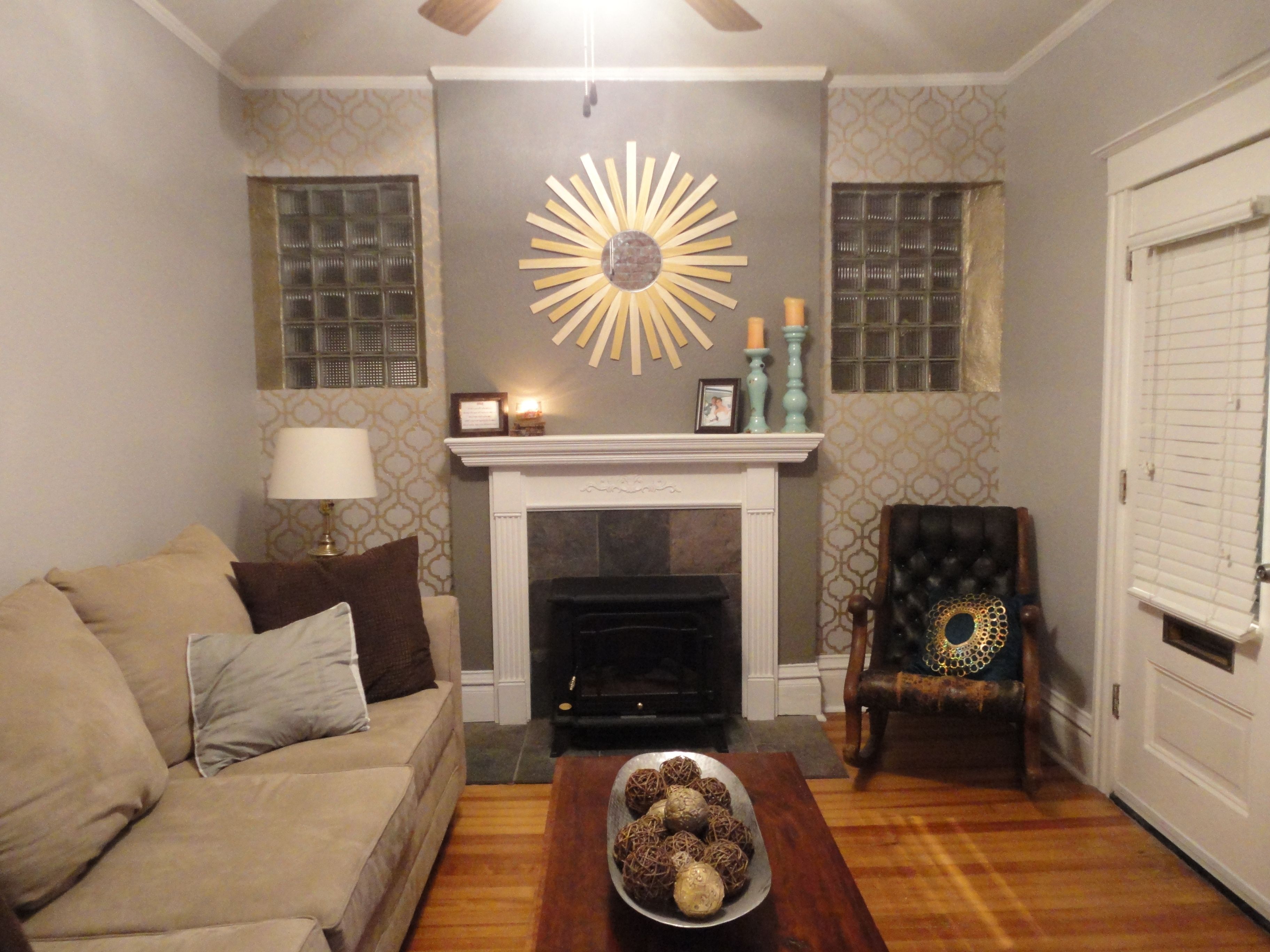 living room accent wall with fireplace