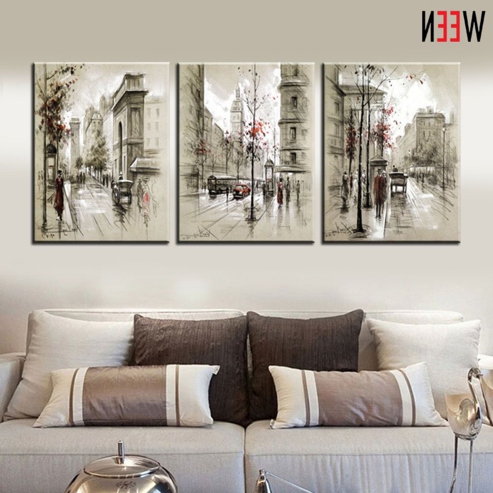 Top 20 Of Decorative Wall Art   Canvas Printings Retro City Street Landscape 3 Piece Modern Style With Most Current Decorative Wall Art 