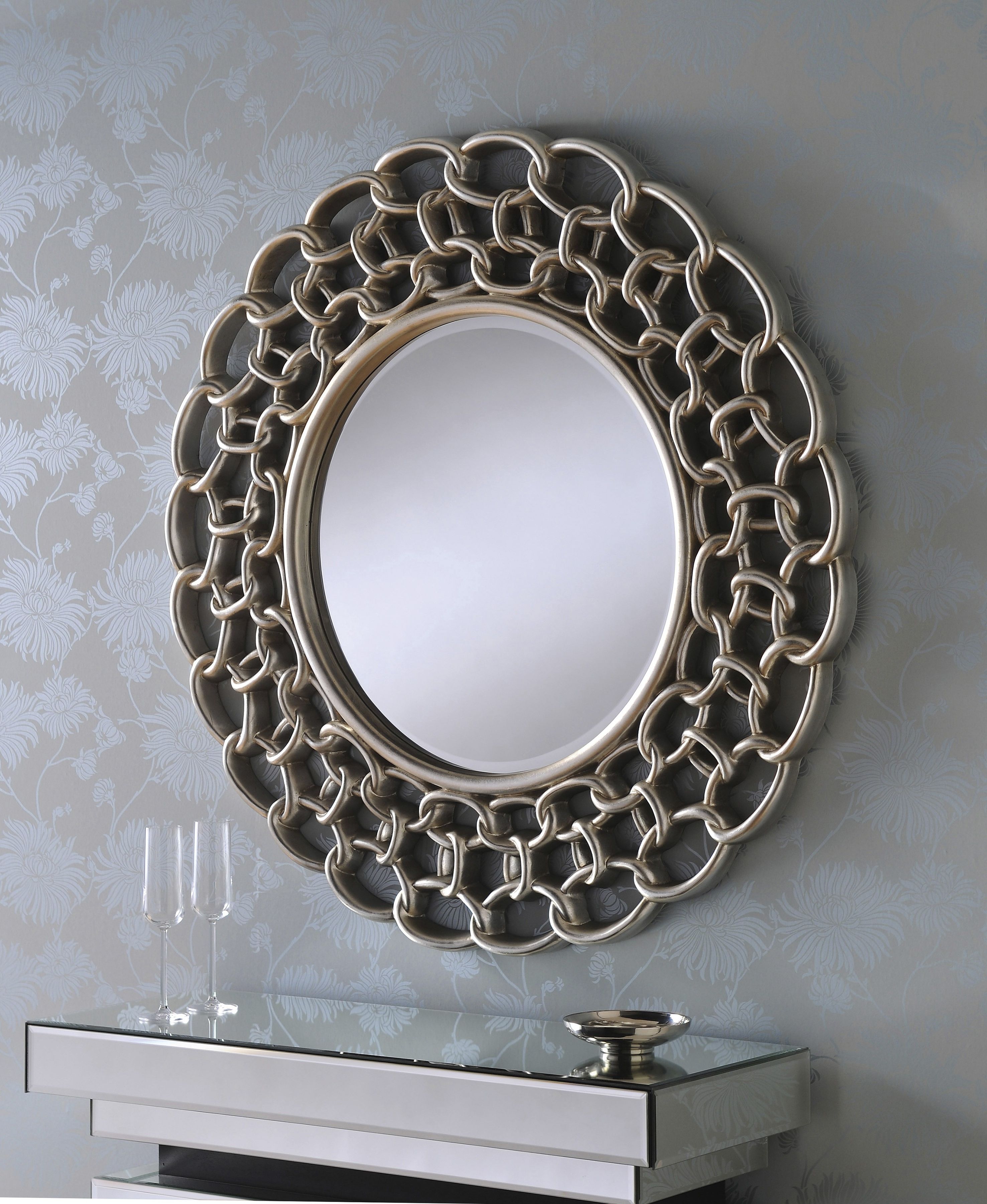 Famous Large Silver Framed Wall Mirror For Verona Large Round Silver Linked Chain Framed Wall Mirror 
