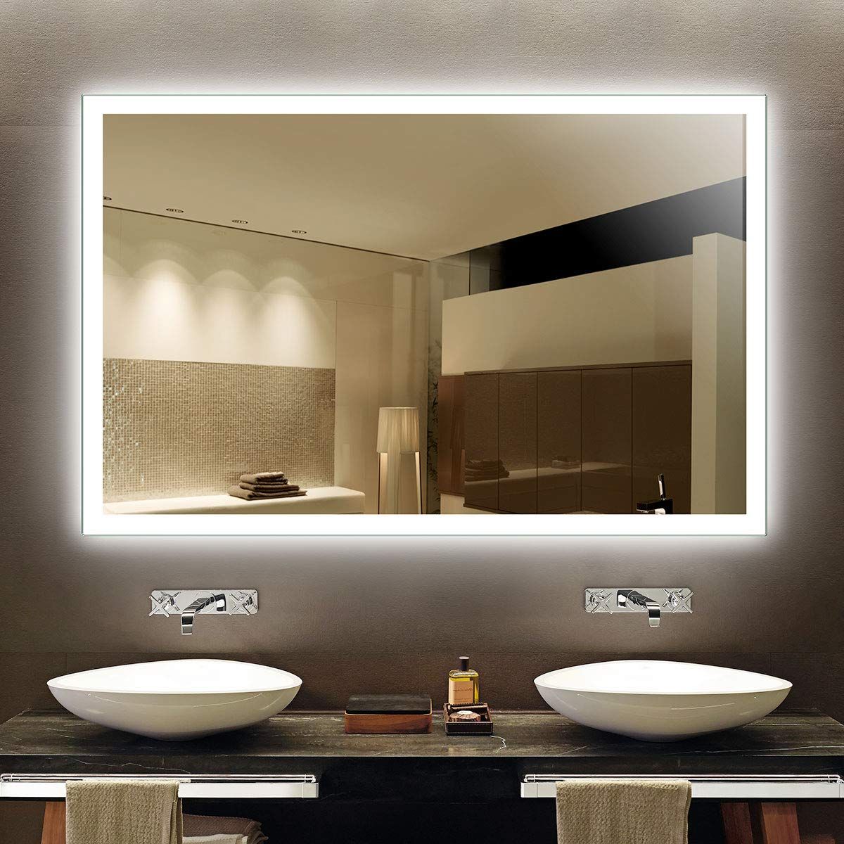 Large Lighted Bathroom Wall Mirrors Intended For Most Popular Dp Home Illuminated Bathroom Large Mirror With Infrared Sensor 55 X 36 In Led Lighted Vanity Sink Silver Mirror Wall Mounted E N031 Cg 