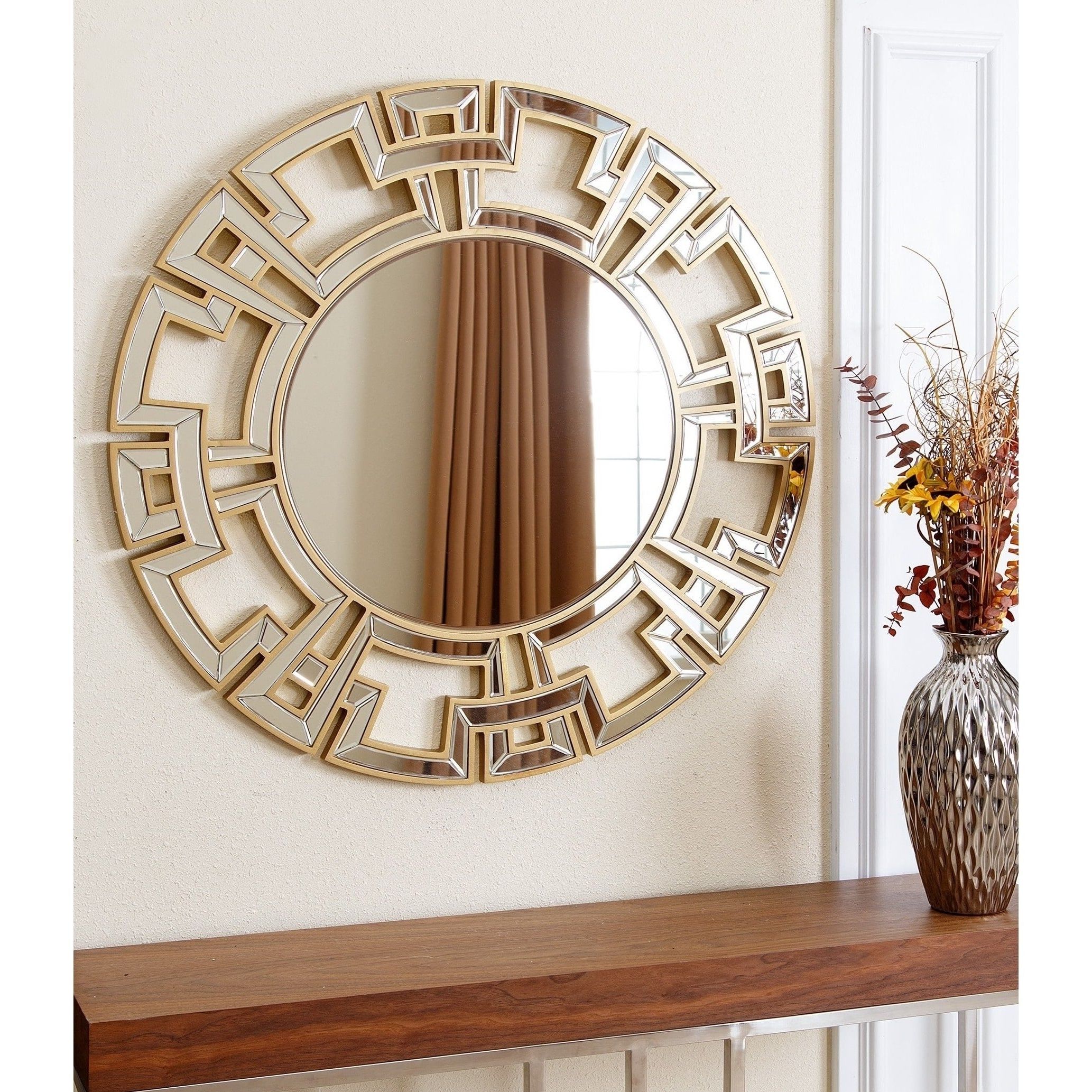Popular Entryway Wall Mirrors Throughout Details About Abbyson Wall Mirror Accent Gold Wood Round Crafted Entryway Mounted Geometric 