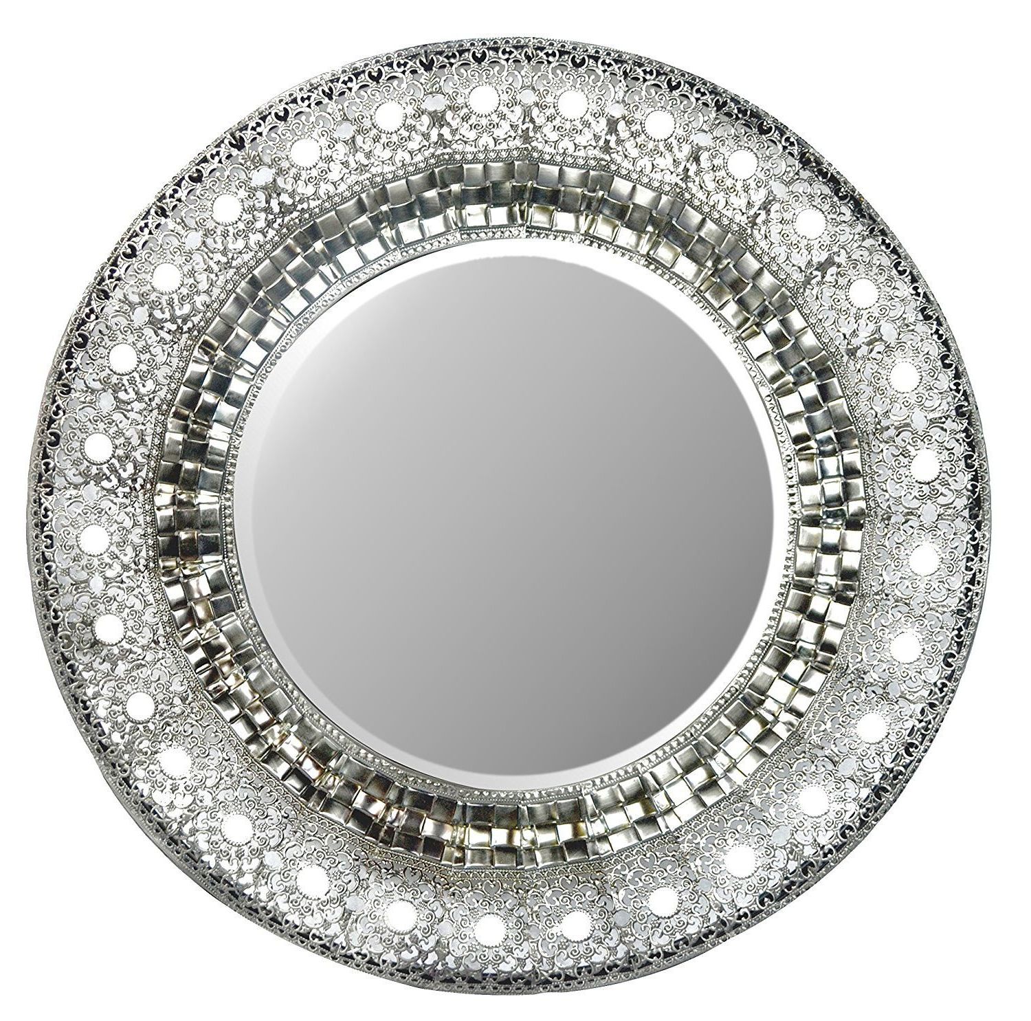 Trendy Decorative Round Wall Mirrors Throughout Lulu Decor, 19" Oriental Round Silver Metal Beveled Wall Mirror, Decorative  Mirror For Home & Office (oriental 19") (View 10 of 20)