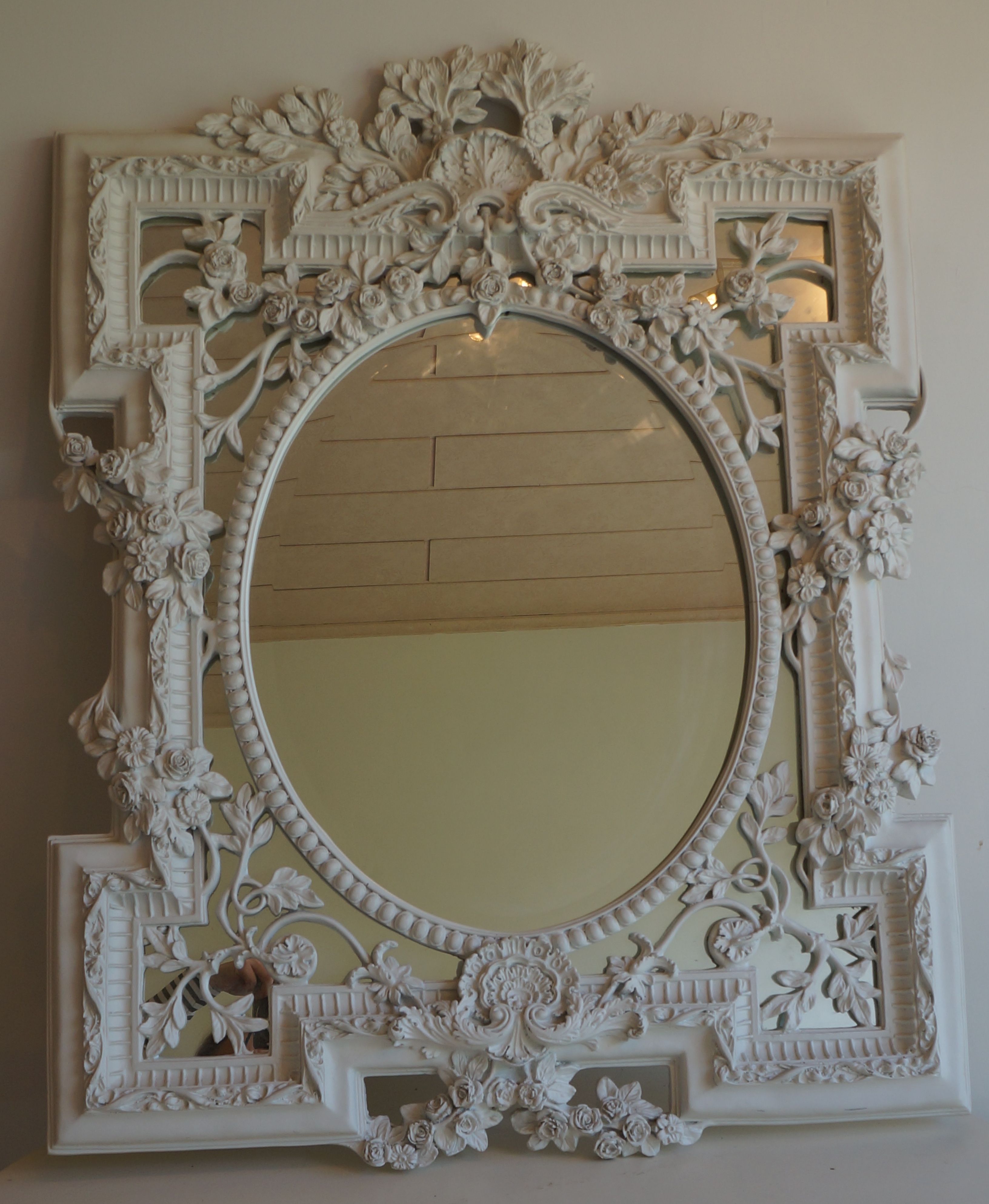 Well Known Decorative Large Wall Mirrors Regarding Shabbychic White Painted Ornate Relief Decorative Large Wall Mirror 