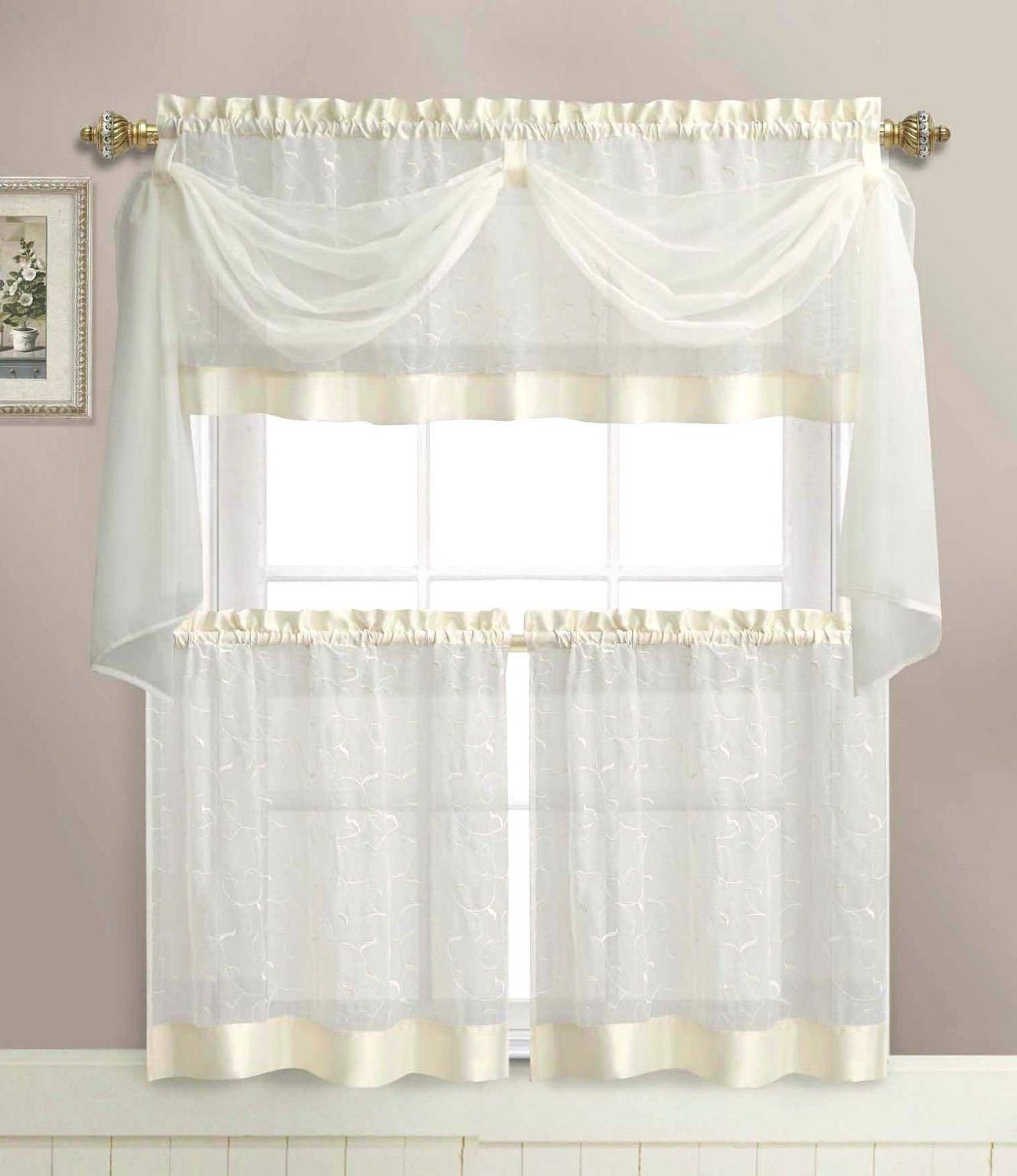 20 Photos Floral Embroidered Sheer Kitchen Curtain Tiers, Swags and ...