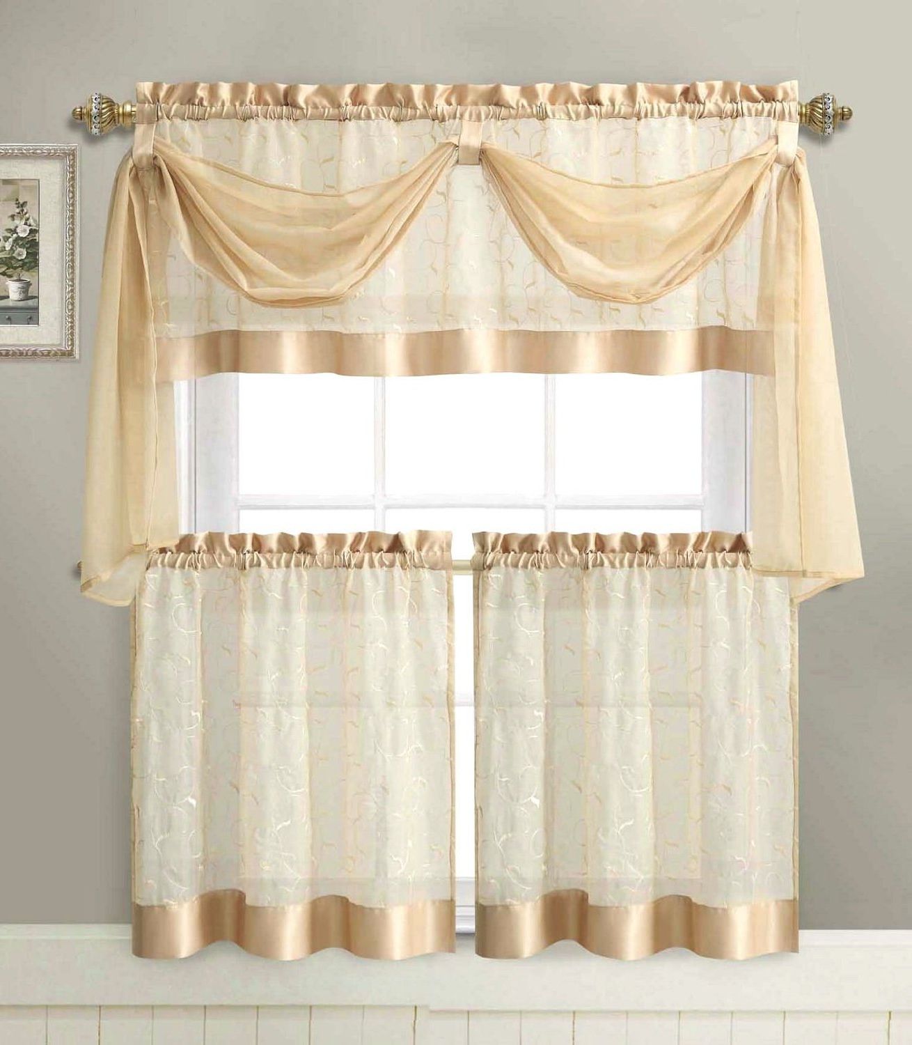 Embroidered Coffee Cup 5 Piece Kitchen Curtain Sets Inside Best And Newest Linen Leaf 4 Pc Tier Valance Kitchen Curtain Set Gold 