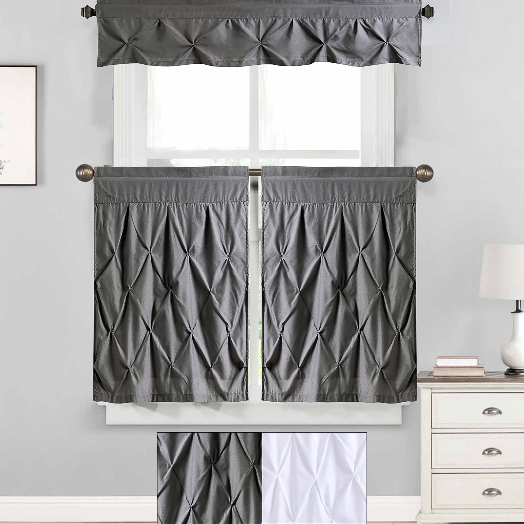 Solid Microfiber 3 Piece Kitchen Curtain Valance And Tiers Sets For Popular Details About Hudson Pintuck Kitchen Window Curtain 36 Tier Pair And Valance Set 